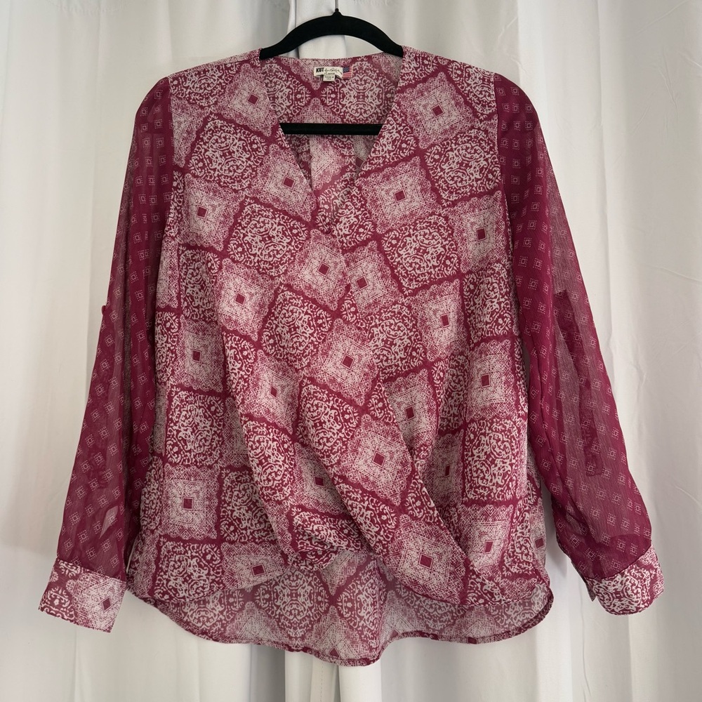 Kut From The Kloth Surplice Blouse Burgundy Geometric Relaxed Fit Petite XS
